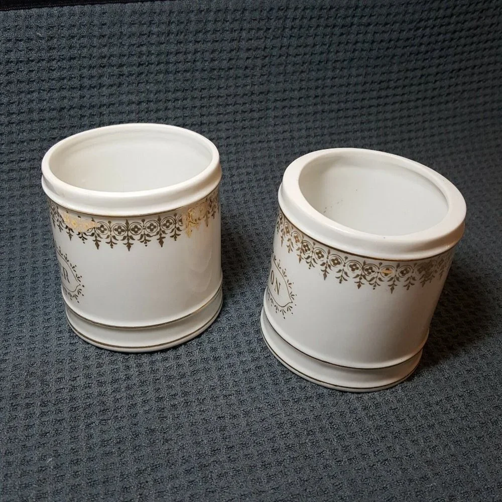 Vtg Lefton China Handpainted Cotton & Powder Holders Gold Embellishments No Lids